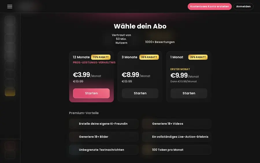 Candy AI: Oberfläche der offiziellen Website (Bilder unscharf)