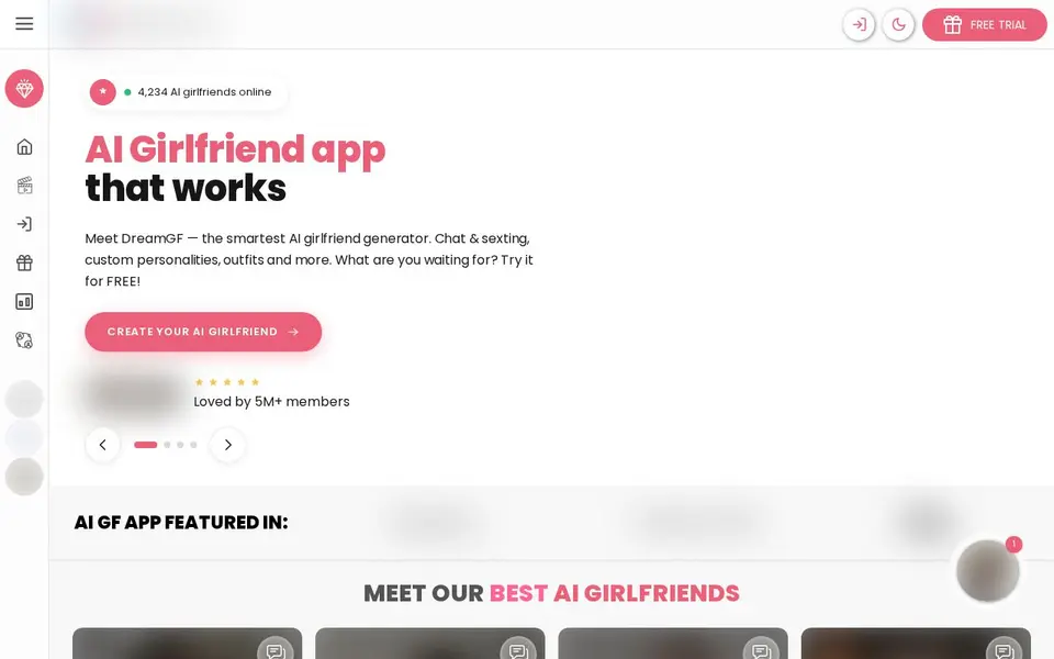 DreamGF: Oberfläche der offiziellen Website (Bilder unscharf)