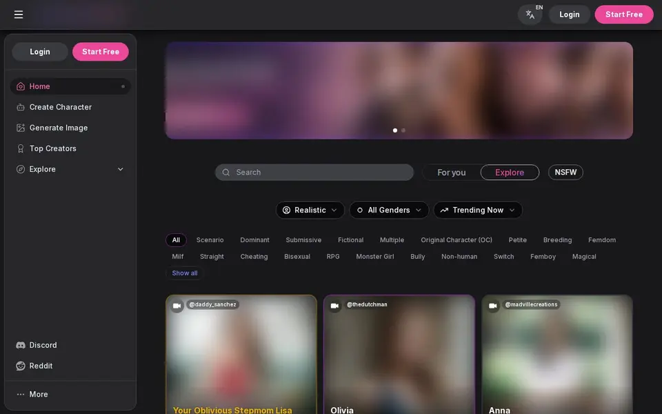 GirlfriendGPT: Oberfläche der offiziellen Website (Bilder unscharf)