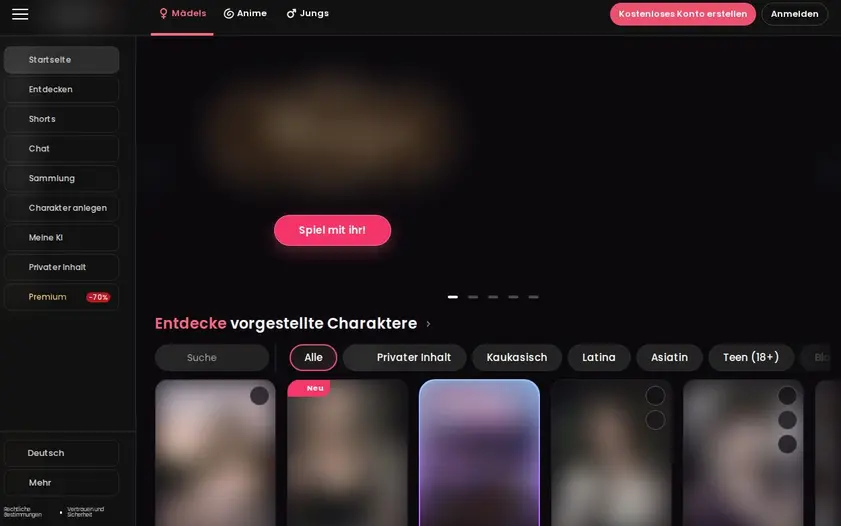 Candy AI: Oberfläche der offiziellen Website (Bilder unscharf)