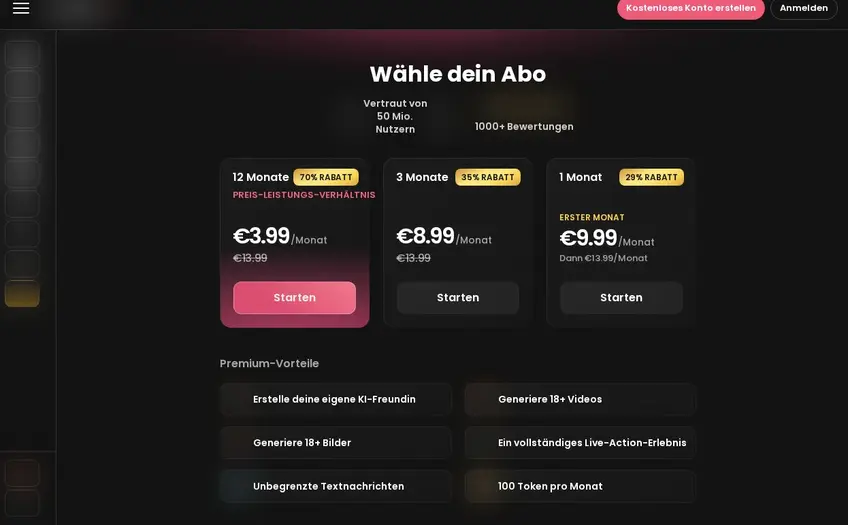Candy AI: Oberfläche der offiziellen Website (Bilder unscharf)