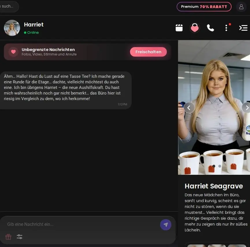 Harriet eröffnet den Chat selbst mit einer ersten Nachricht auf Deutsch.