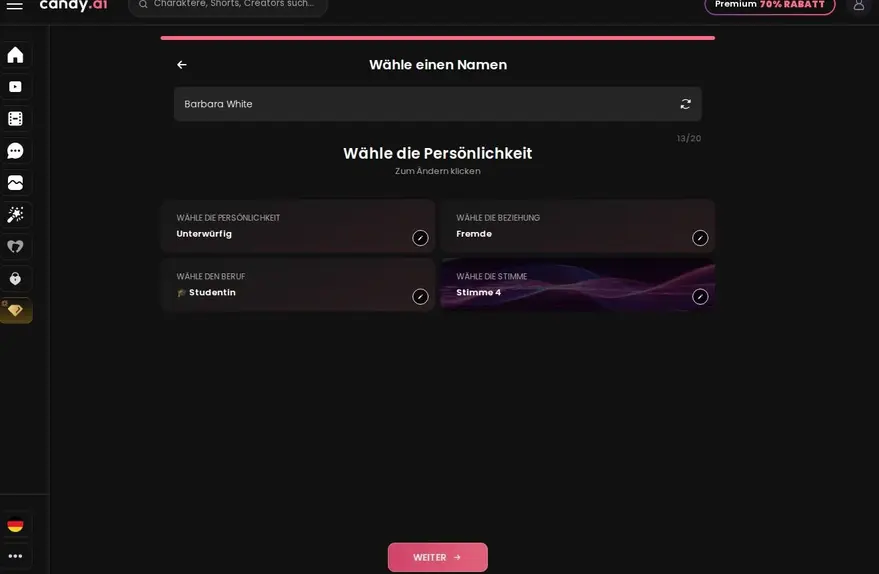 Bei der Erstellung legst du Name, Persönlichkeit, Beziehung, Beruf und Stimme fest.