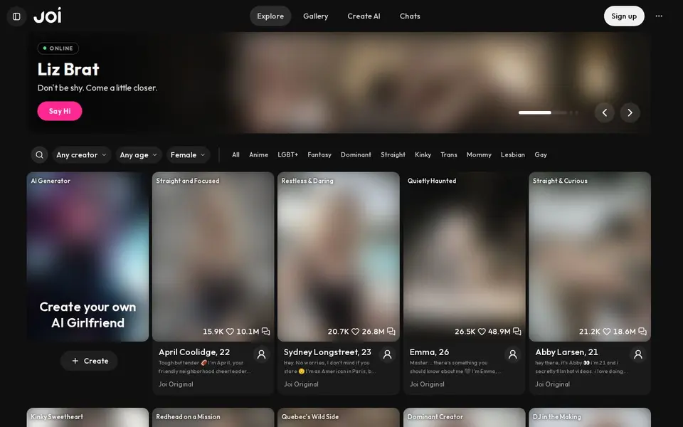 Joi AI: Oberfläche der offiziellen Website (Bilder unscharf)