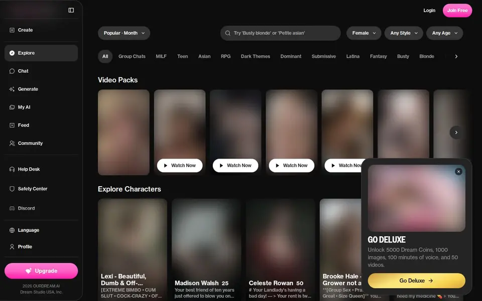 OurDream AI: Oberfläche der offiziellen Website (Bilder unscharf)
