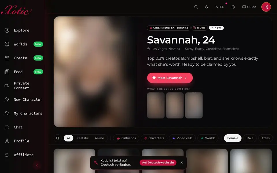 Xotic AI: Oberfläche der offiziellen Website (Bilder unscharf)